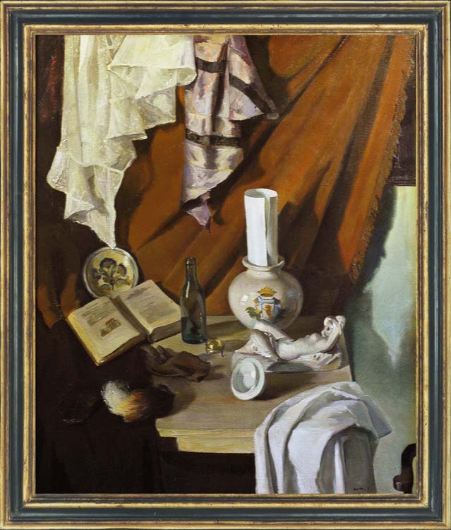 ANON, SPANISH SCHOOL  Still life with armorial jar, statuette and book, 1942