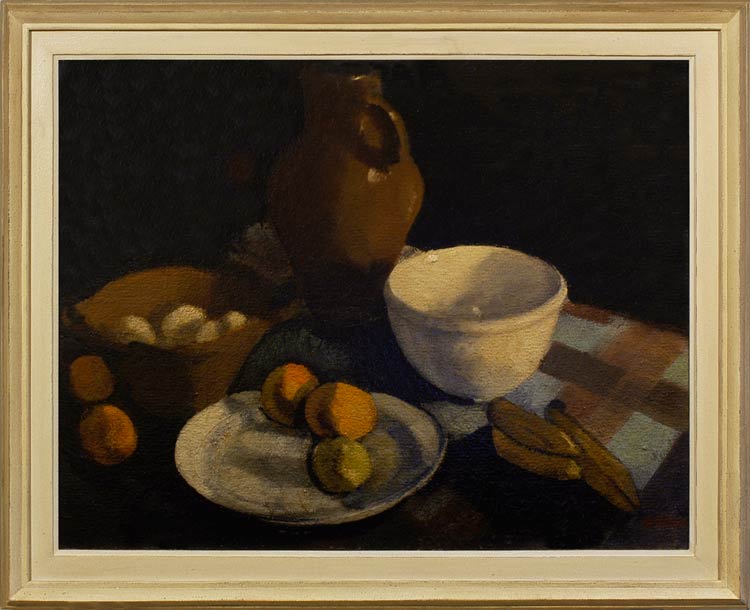 OSCAR MARIN Still life with earthenware bowls, a pitcher, eggs and fruit