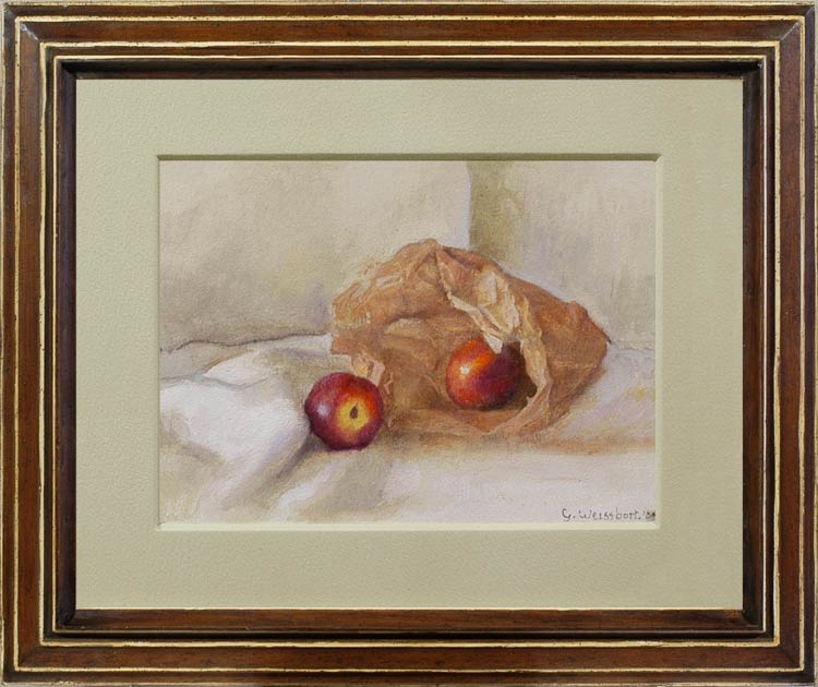 GEORGE WEISSBORT Still life with two red apples and a brown paper bag