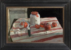 GEORGE WEISSBORT Still life with mustard jar, tomatoes, knife and glass on a striped tablecloth